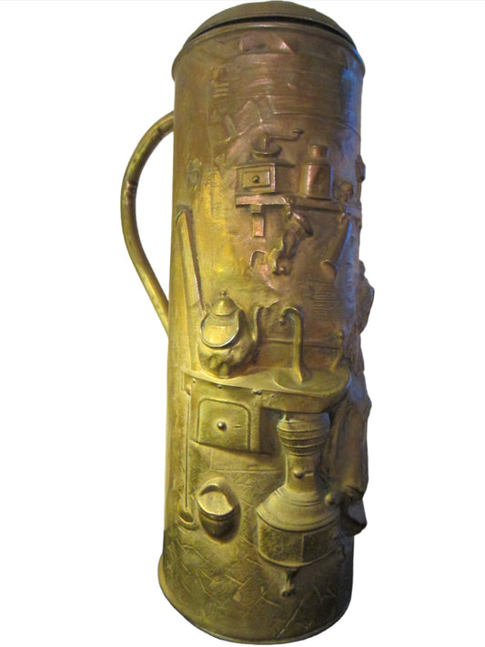 Brass Crested Tall Tankard Open Base High Relief Stein Artist Monogram - Designer Unique Finds  - 1