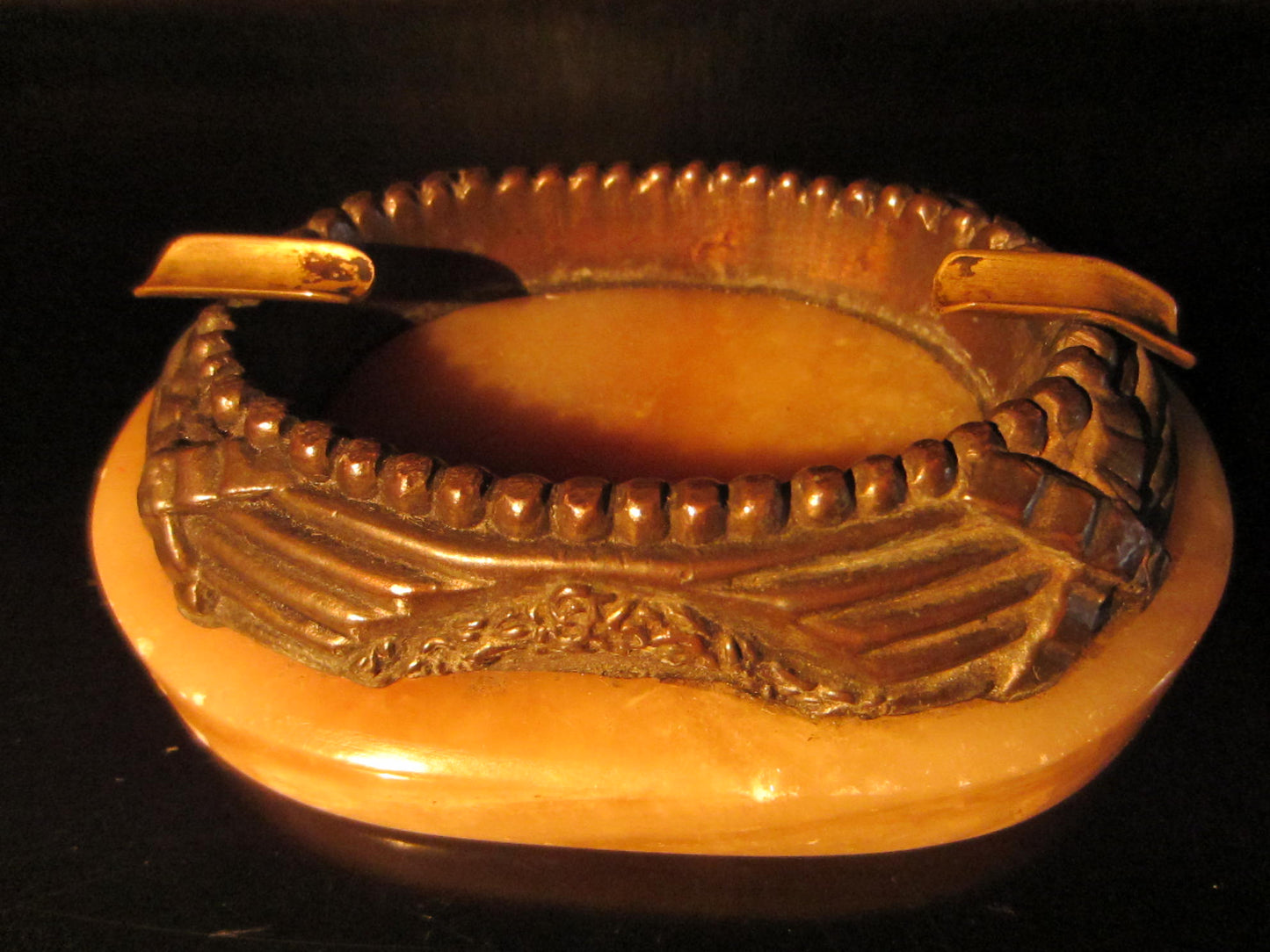 Art Deco Ornamental Bronze Beading Floral Design Marble Oval Ashtray