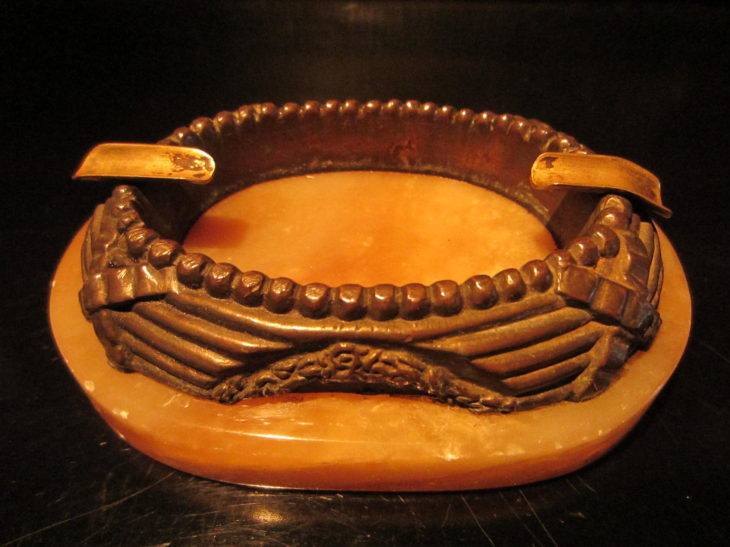 Art Deco Ornamental Bronze Beading Floral Design Marble Oval Ashtray