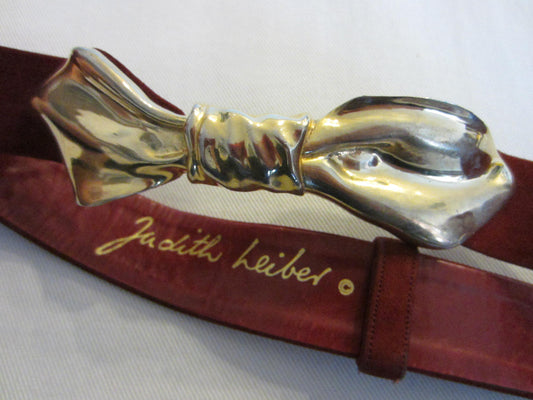 Judith Leiber For Bonwit Teller Red Leather Golden Bow Suede Belt - Designer Unique Finds 