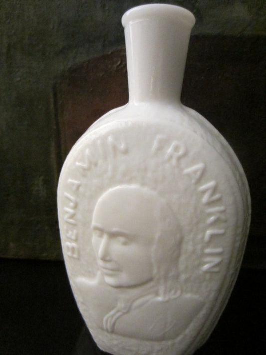 Benjamin Franklin Milk Glass Flask By Wheaton Millville NJ - Designer Unique Finds 
