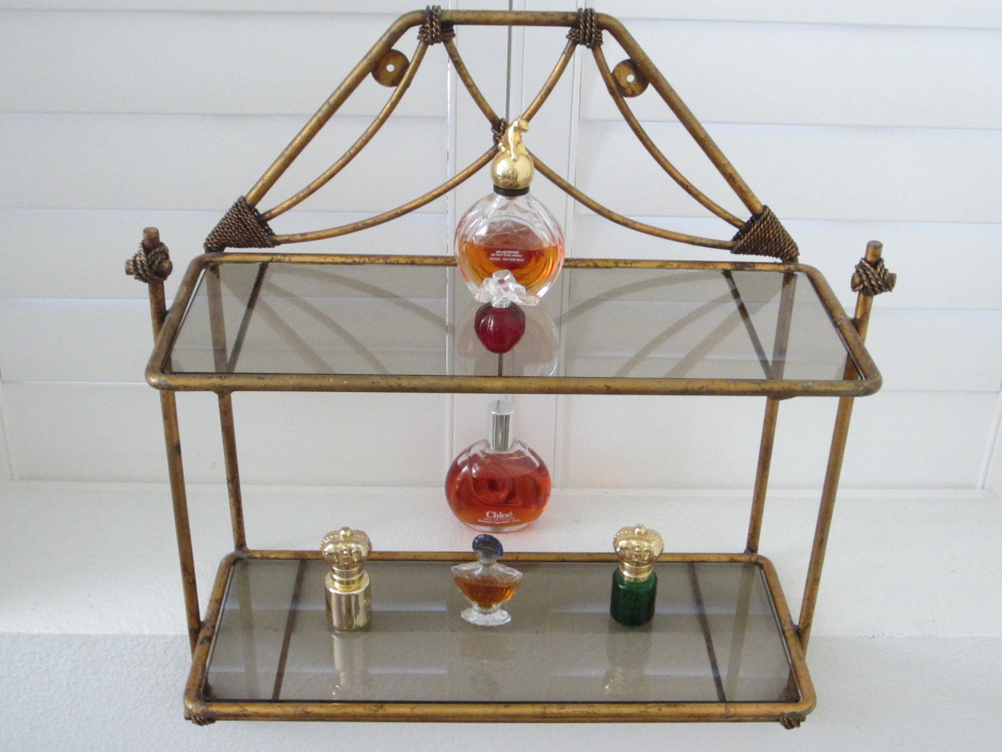 Regency Bronze Floor Wall Glass Shelf Tiered Footed Scrolled Tassel Finial - Designer Unique Finds 
 - 1