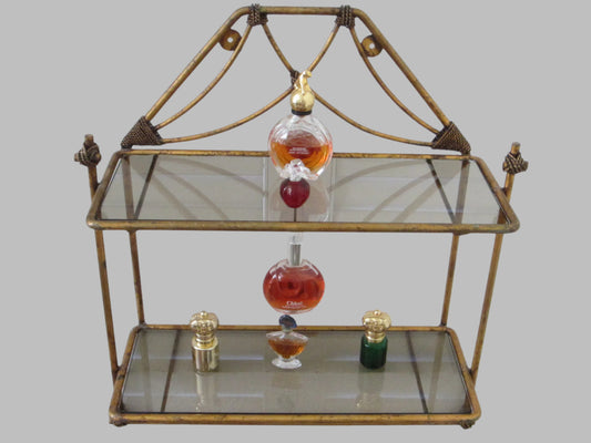 Regency Bronze Floor Wall Glass Shelf Tiered Footed Scrolled Tassel Finial - Designer Unique Finds 
 - 1