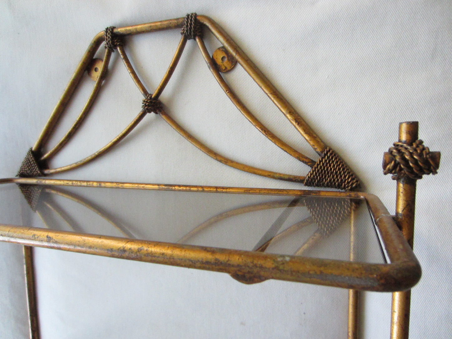 Bronze Tole Wall Display Vanity Shelf Scrolled Finial Smokey Glass Double Tiered - Designer Unique Finds 