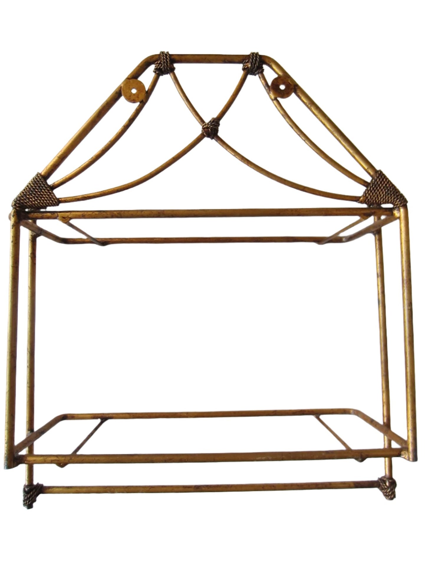 Bronze Tole Wall Display Vanity Shelf Scrolled Finial Smokey Glass Double Tiered - Designer Unique Finds 