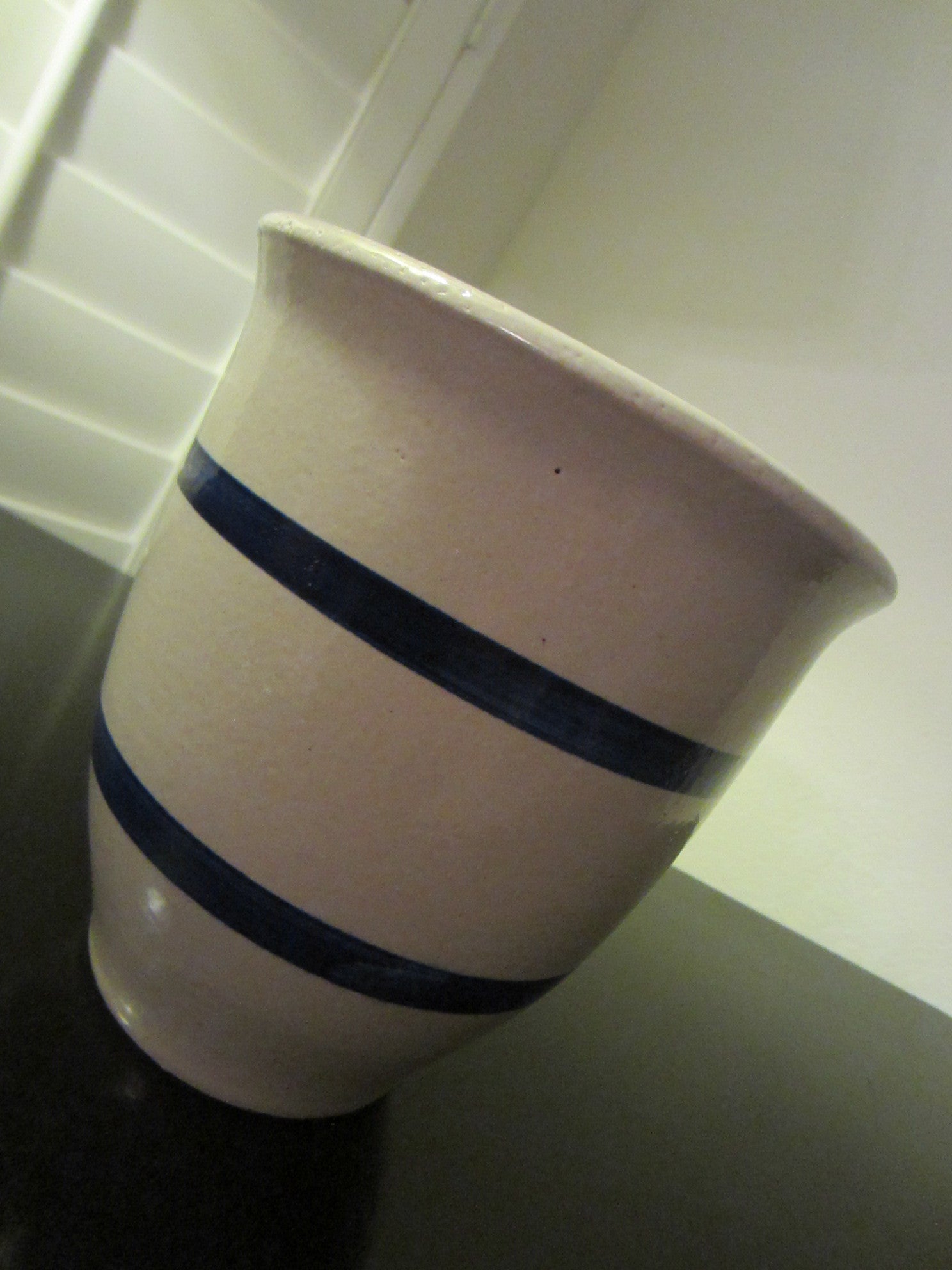 Roseville Ohio Pottery Kitchen Crock PRP USA Blue Stripes White Jar - Designer Unique Finds 