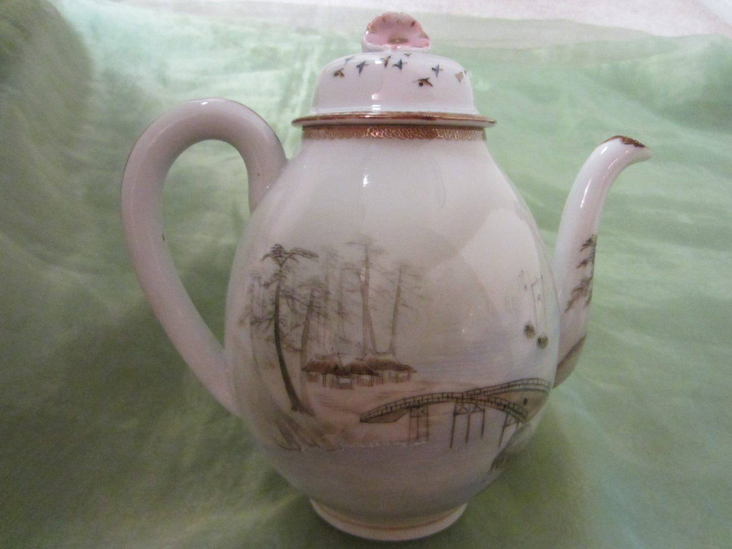 Japanese Scenic Porcelain Teapot Hand Painted Floral Bird