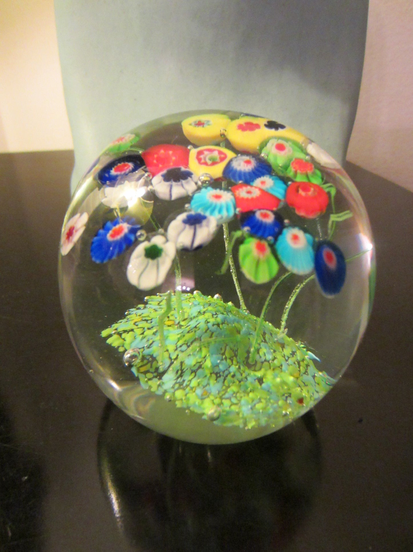 Blooming Colored Stem Millefiori Blown Glass Paperweight - Designer Unique Finds 