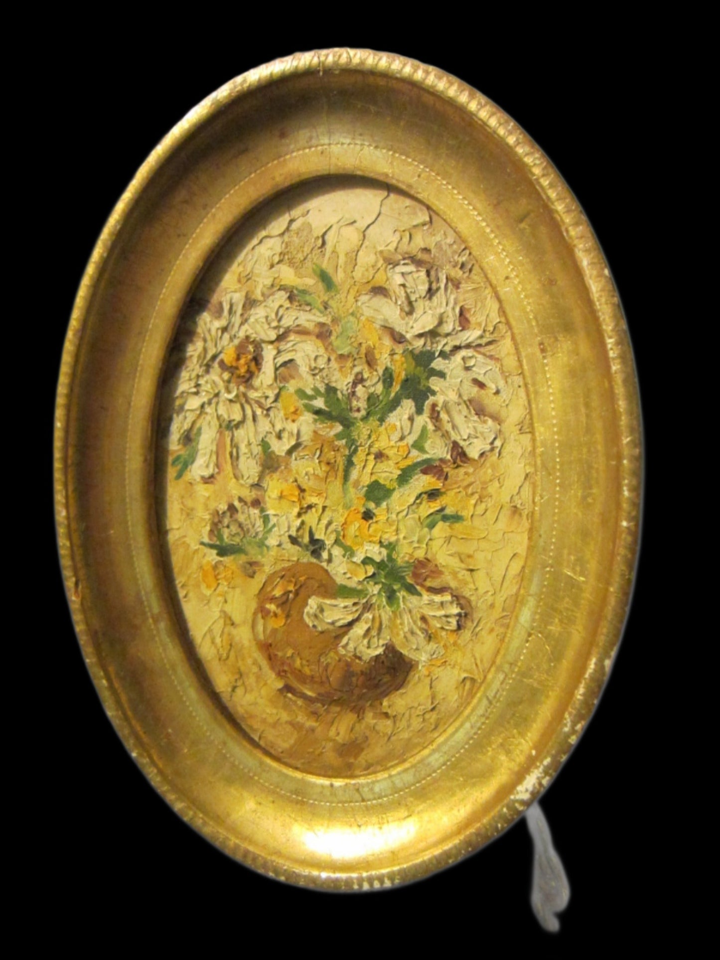 Folk Art Still Life Flowers Oil On Board Oval Gilt Frame - Designer Unique Finds 