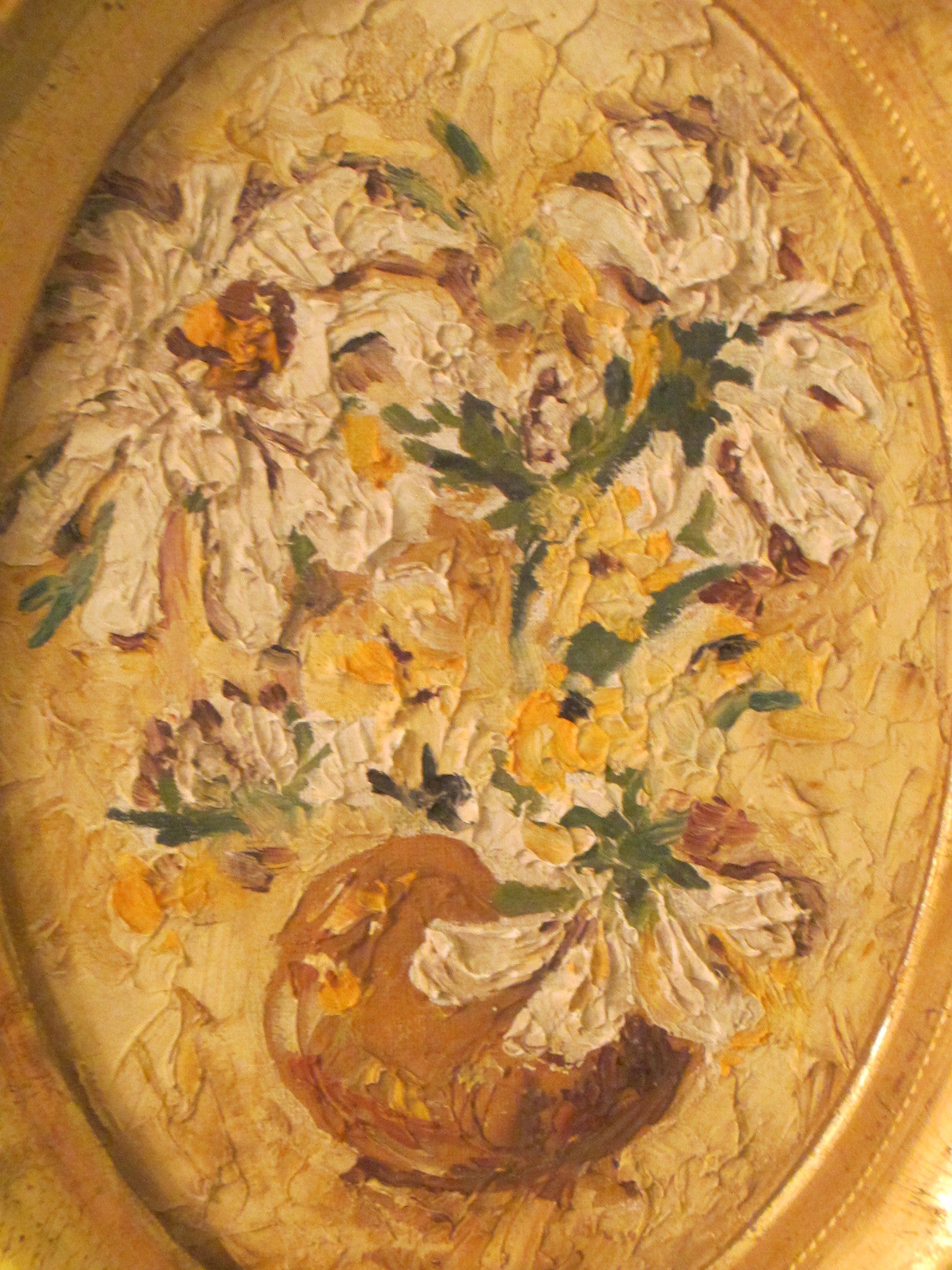 Folk Art Still Life Flowers Oil On Board Oval Gilt Frame - Designer Unique Finds 