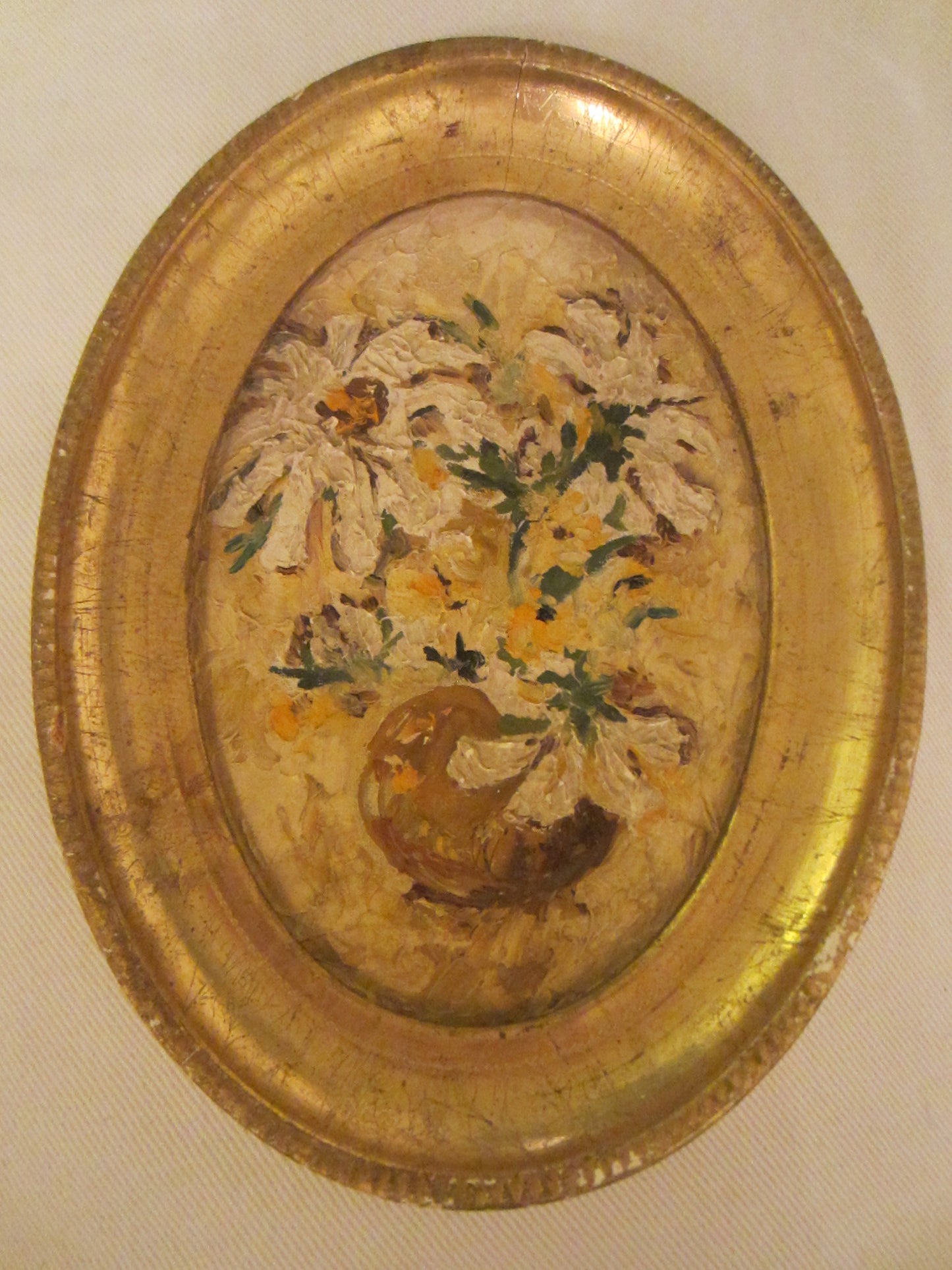 Folk Art Still Life Flowers Oil On Board Oval Gilt Frame - Designer Unique Finds 