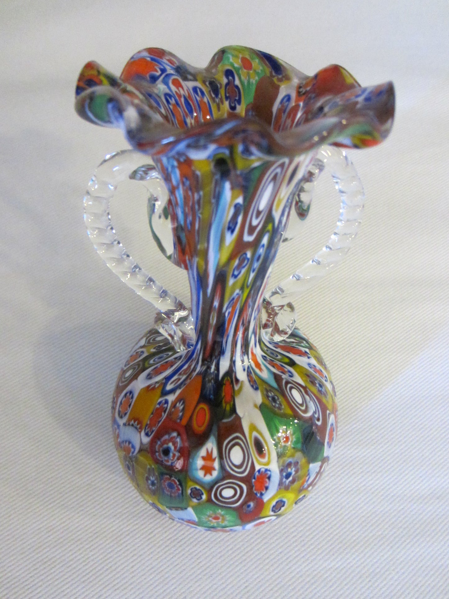 Venice Italian Millefiori Glass Trumpet Vase Clear Handles - Designer Unique Finds 