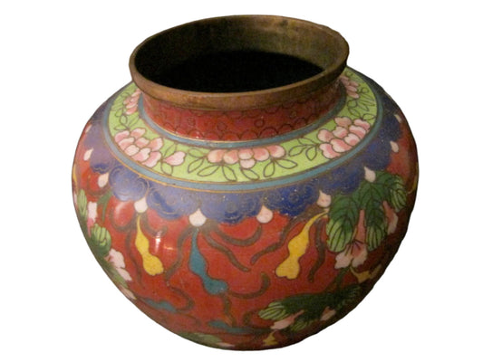 Cloisonne Vase Coral Over Brass Floral Enameling Urn - Designer Unique Finds 