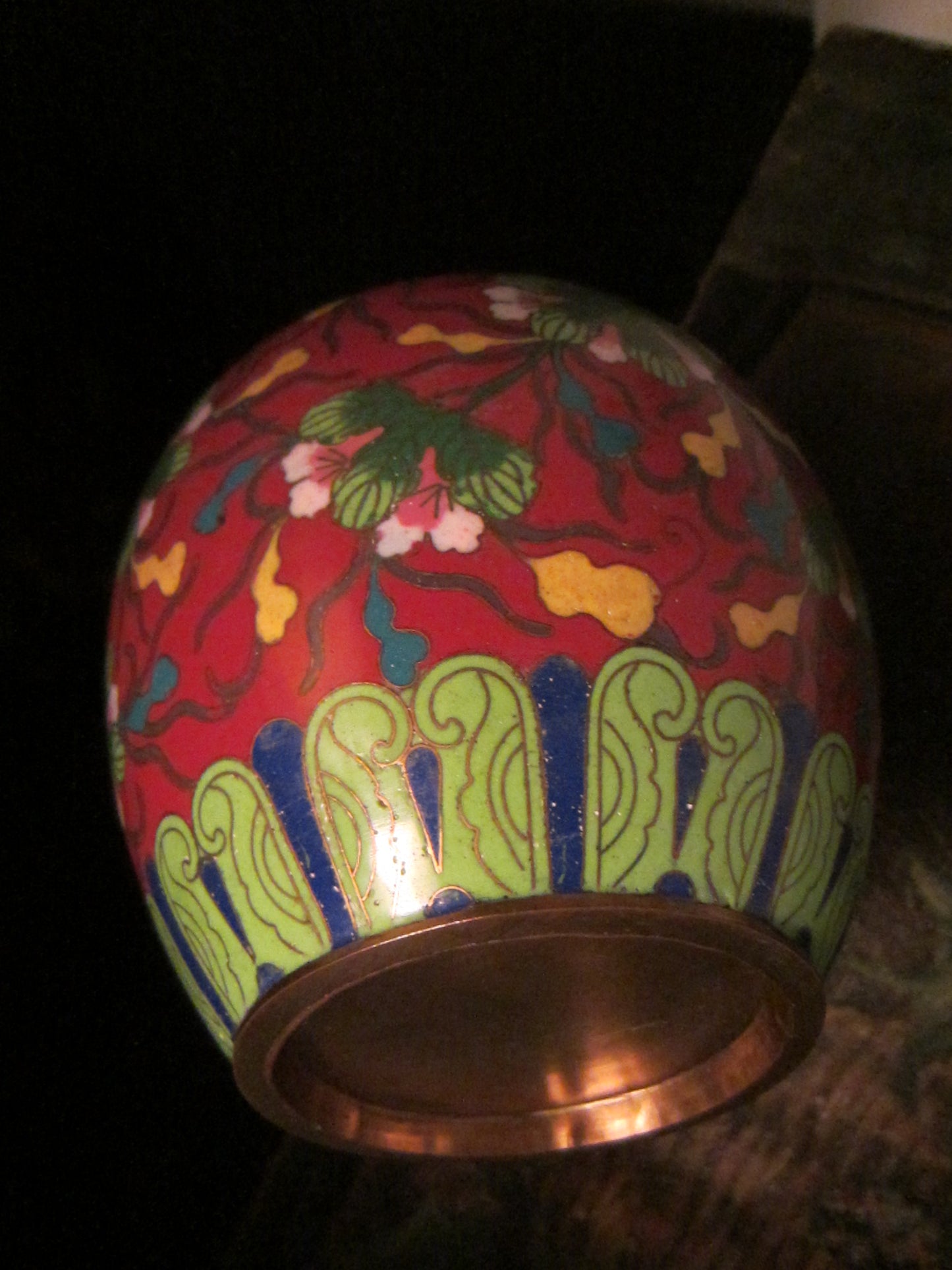 Cloisonne Vase Coral Over Brass Floral Enameling Urn - Designer Unique Finds 