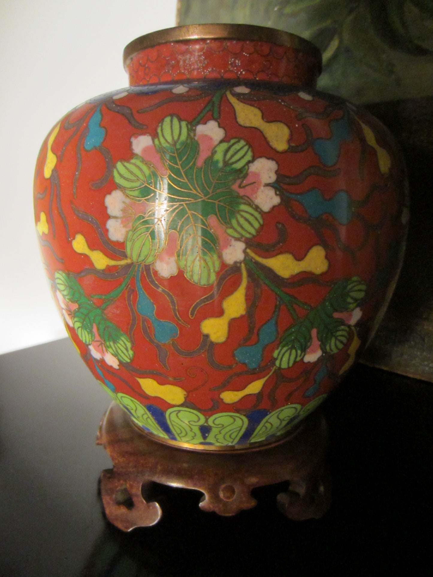 Cloisonne Vase Coral Over Brass Floral Enameling Urn - Designer Unique Finds 