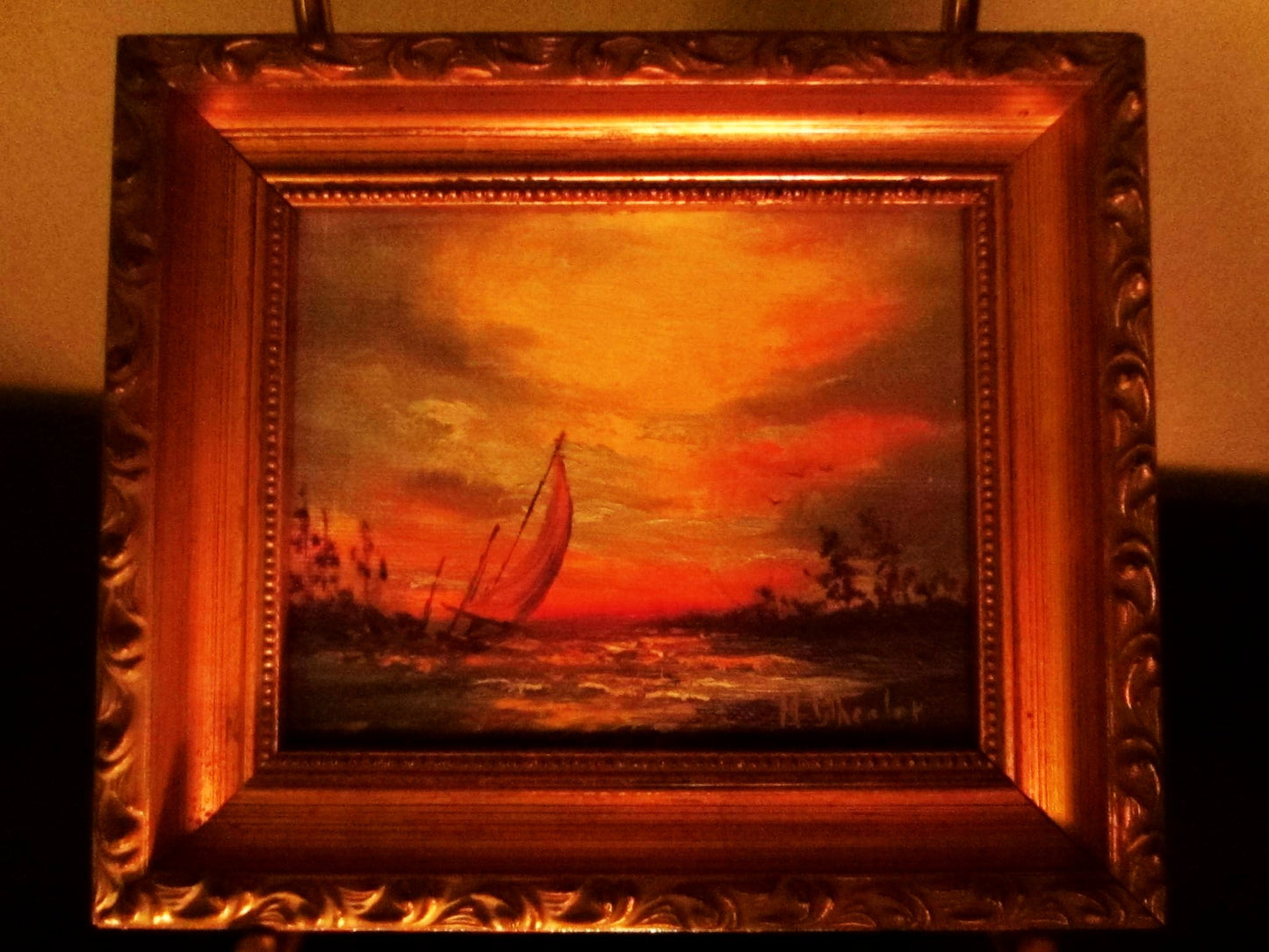 Sunset At The Sea Signed H Wheeler Oil On Canvas Board