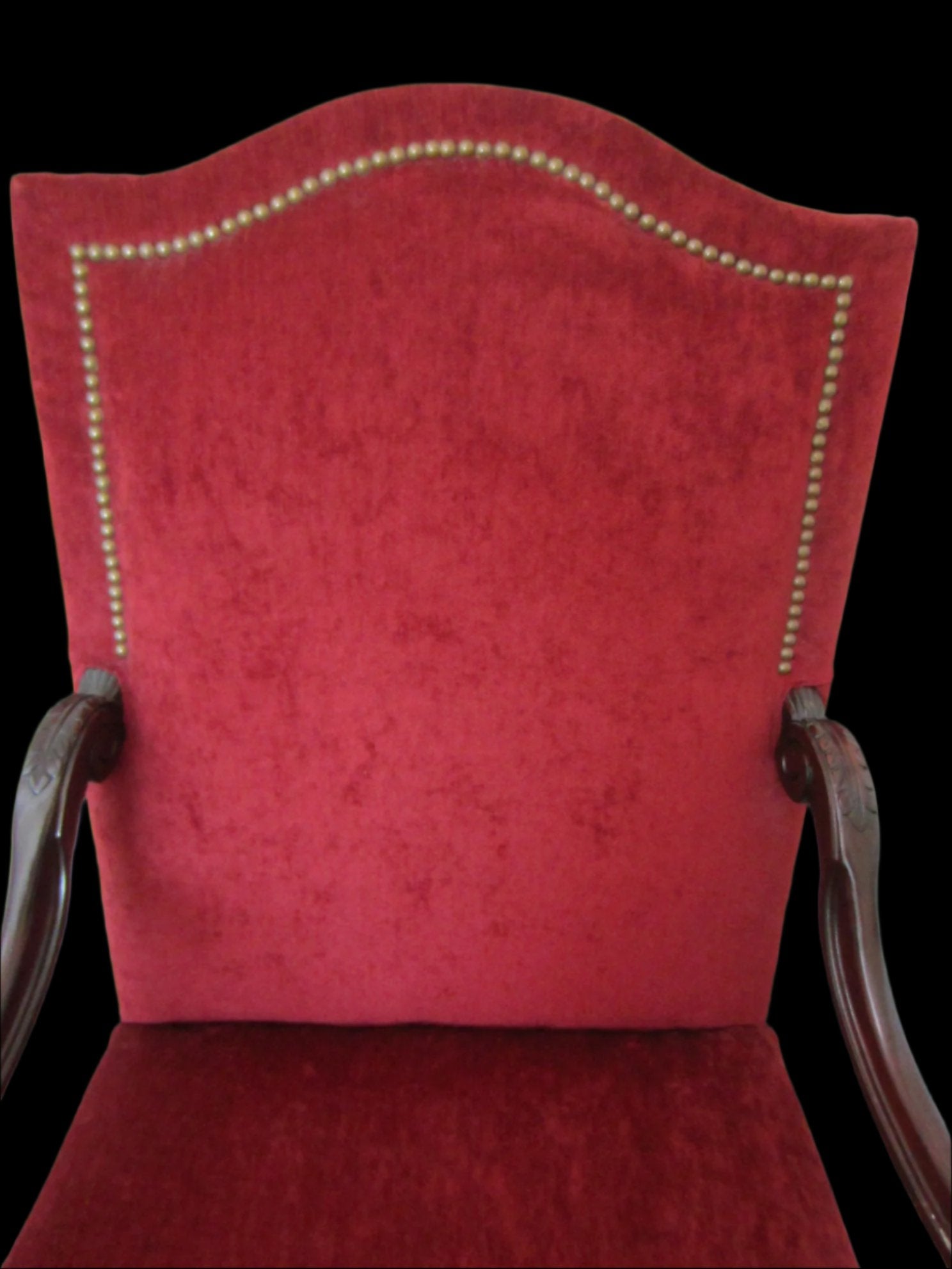 Studded Red Fabric Bassett Arm Chair Dark Wood Scrolled High Back - Designer Unique Finds 
 - 2