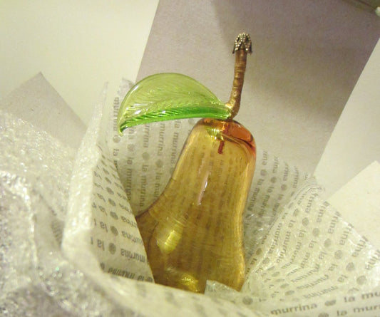 La Murina Signed Glass Golden Pear Green Leaf Ornament - Designer Unique Finds 