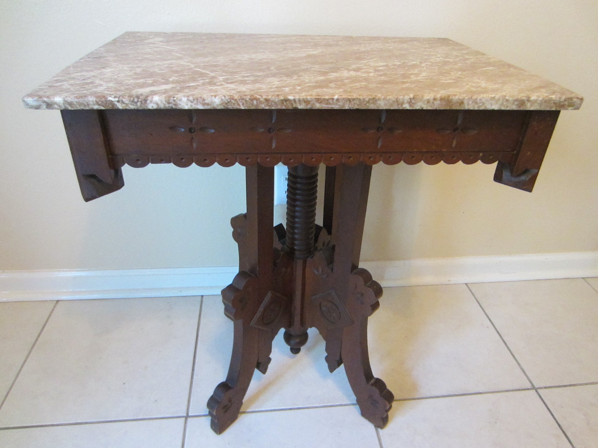 Antique Eastlake Parlor Table Marble Top Walnut Wood - Designer Unique Finds 