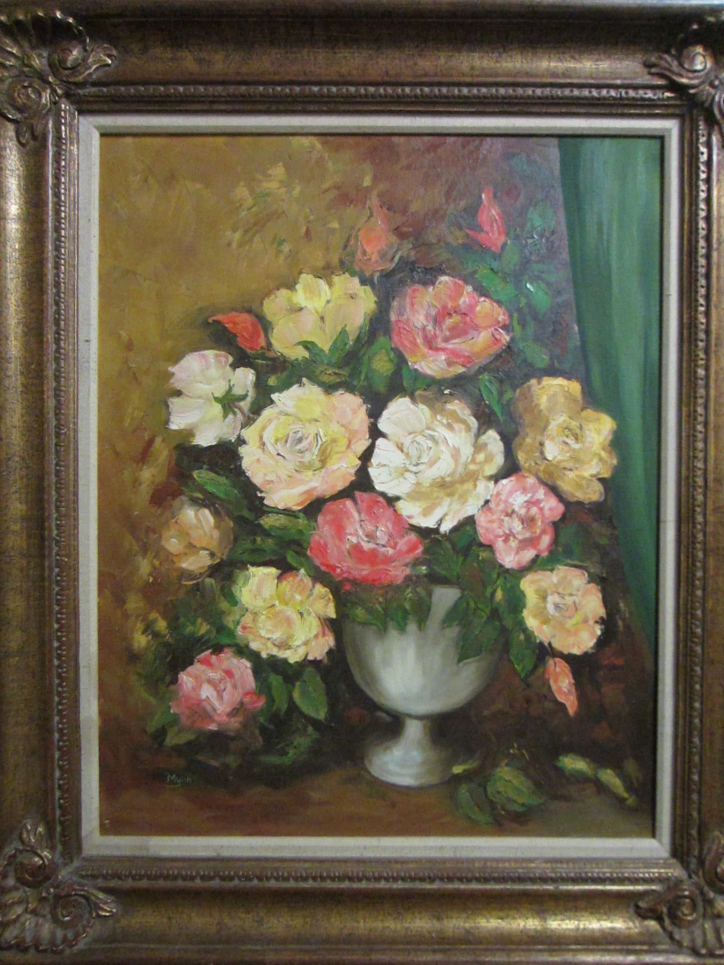 Myra Still Life Flowers In Vase Signed Oil On Canvas