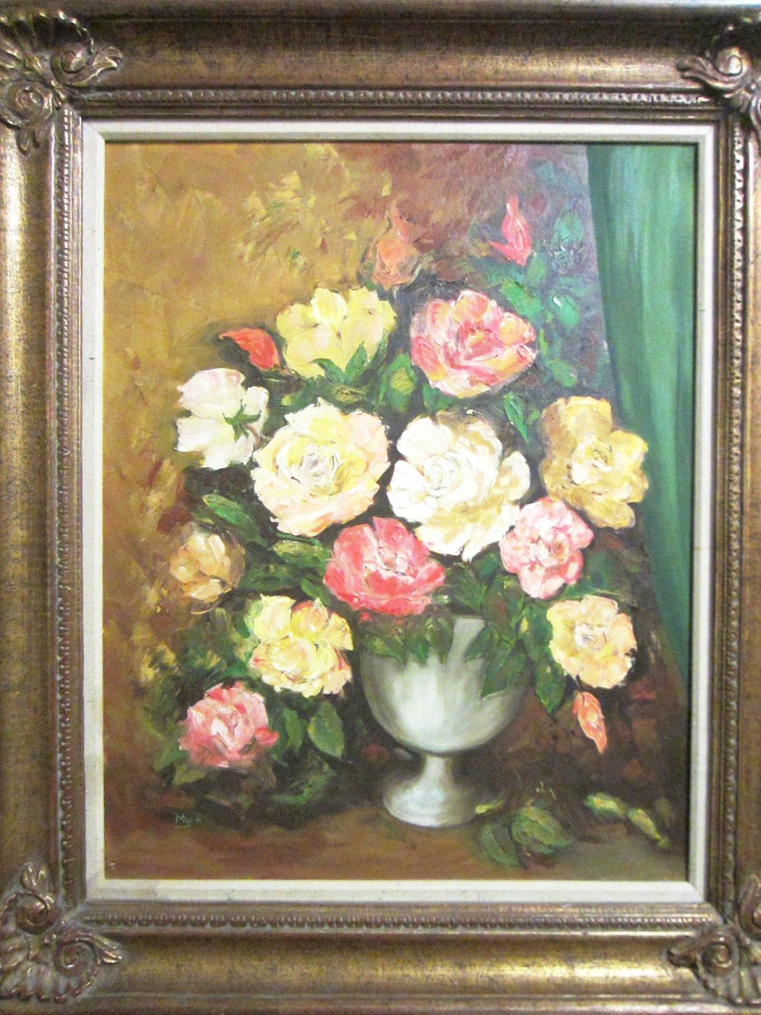 Still Life Oil On Canvas Painting By Myra Flowers In Vase Original Gilt Wood Period Frame - Designer Unique Finds 
 - 2