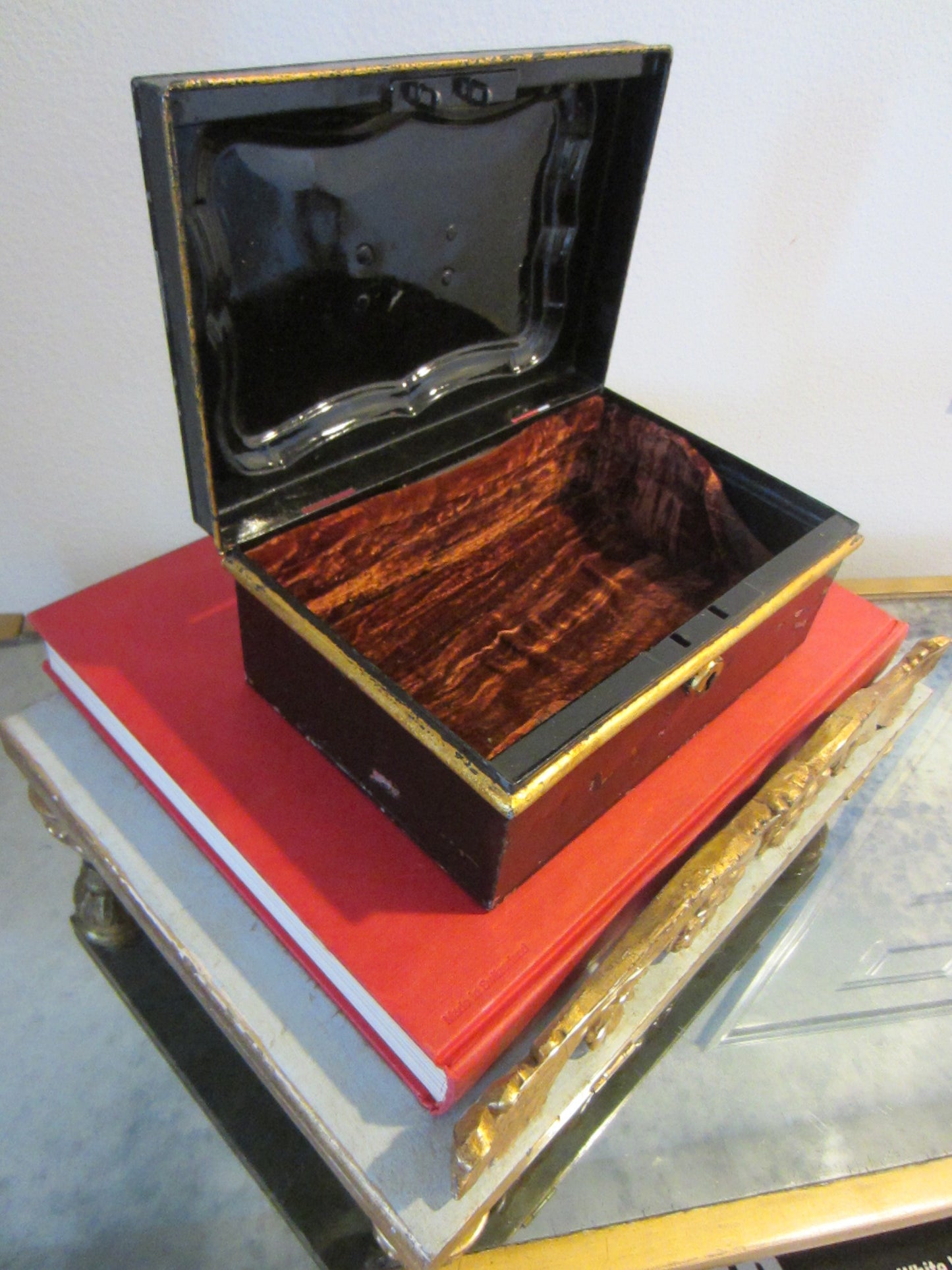 Antique Deed Box Keepsake Tole Red Velvet Lined - Designer Unique Finds 
 - 3