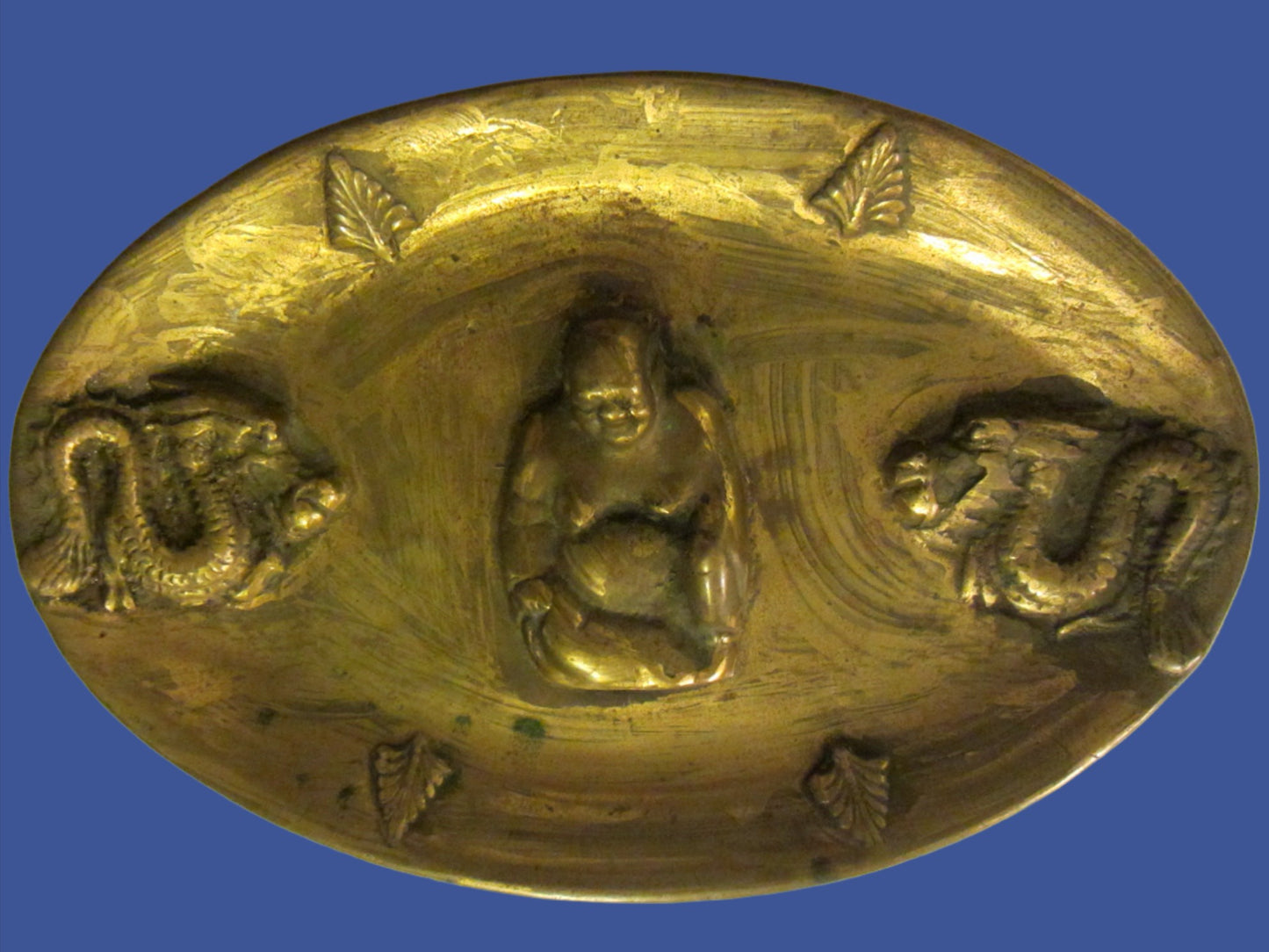 Asian Brass Oval Dragon Charger Center Raised Buddha