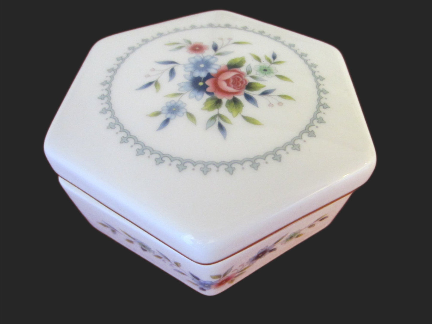 Wedgwood Bone China Hexagon Rosedale Floral Dresser Box - Designer Unique Finds 