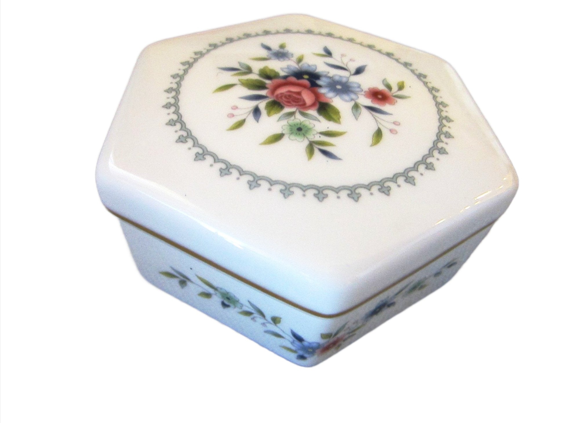 Wedgwood Bone China Hexagon Rosedale Floral Dresser Box - Designer Unique Finds 