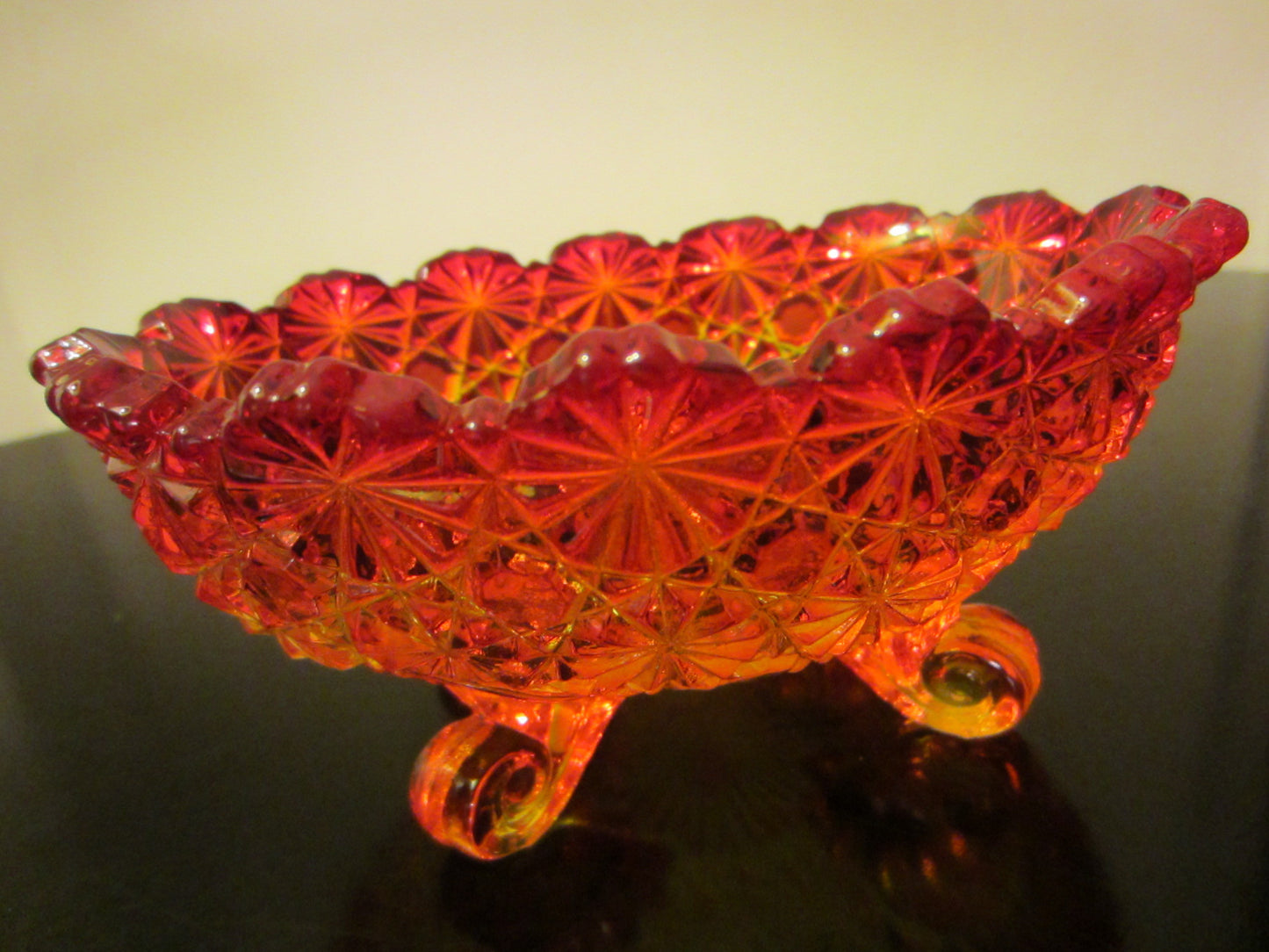 LE Smith Amberina Depression Footed Pressed Daisy Glass Bowl - Designer Unique Finds 