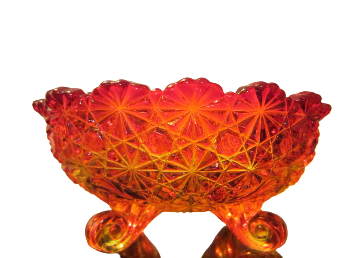 LE Smith Daisy Pedestal Amberina Orange Glass Bowl l - Designer Unique Finds 