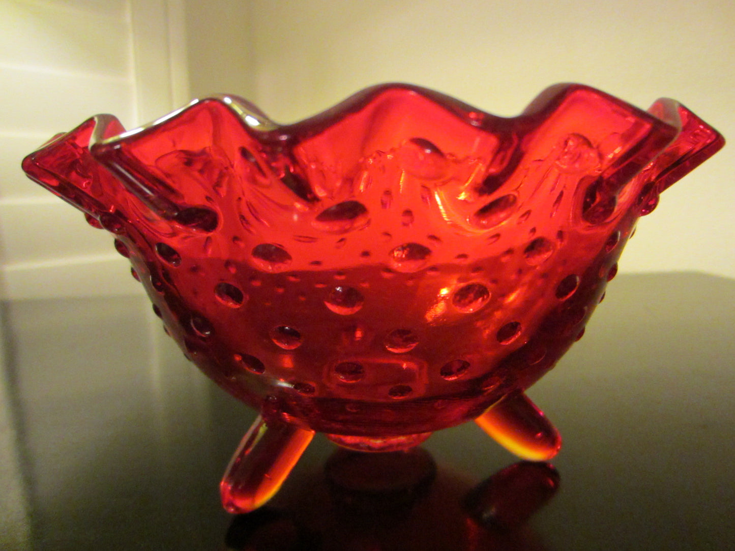 LE Smith Amberina Glass Hubnail Style Ruffled Footed Candy Bowl - Designer Unique Finds 