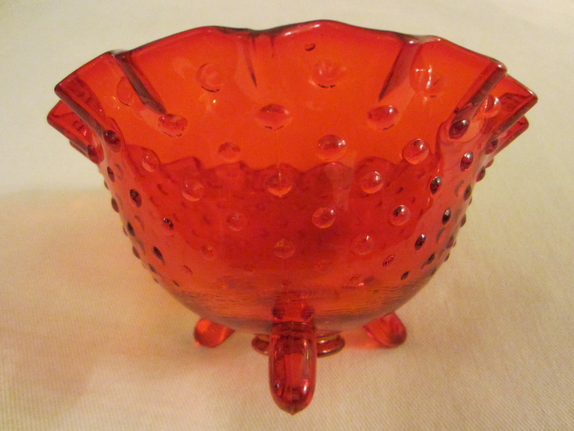 LE Smith Amberina Glass Hubnail Style Ruffled Footed Candy Bowl - Designer Unique Finds 