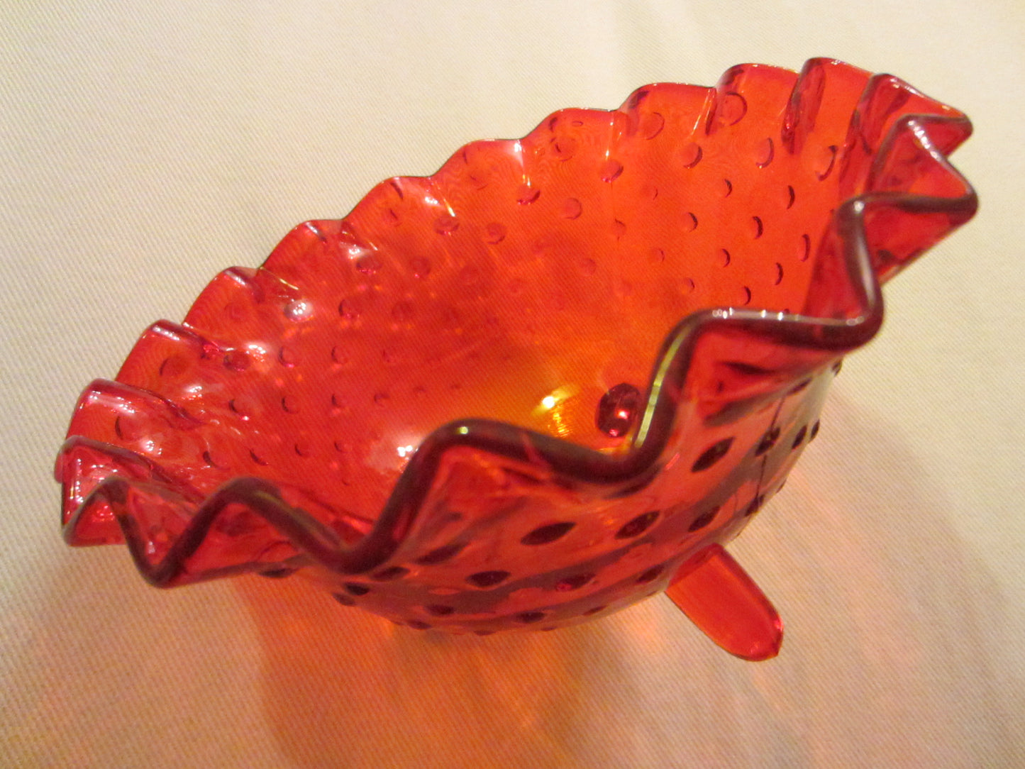 LE Smith Amberina Glass Hubnail Style Ruffled Footed Candy Bowl - Designer Unique Finds 