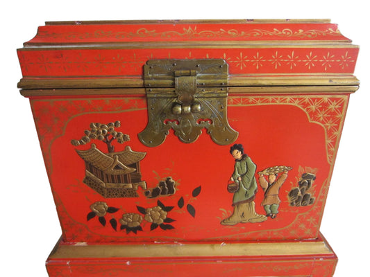 Asian Chinoiserie Vintage Cabinet On Stand Brass Closure