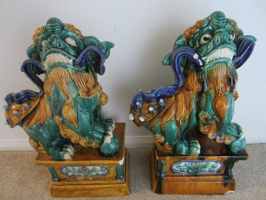 Ceramic Foo Dogs Garden Sculpture Distressed Calligraphy Lions - Designer Unique Finds 
 - 1