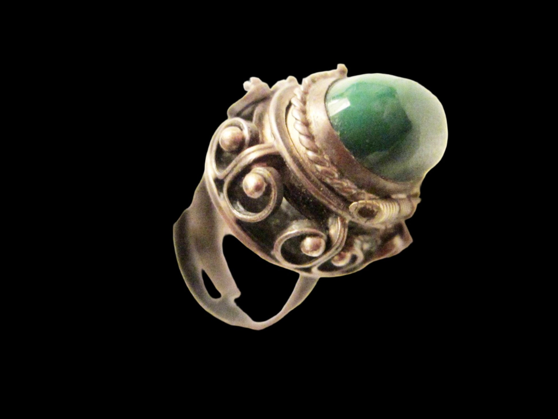 Green Jade Cocktail Ring Marked J E Sterling Adjustable - Designer Unique Finds 