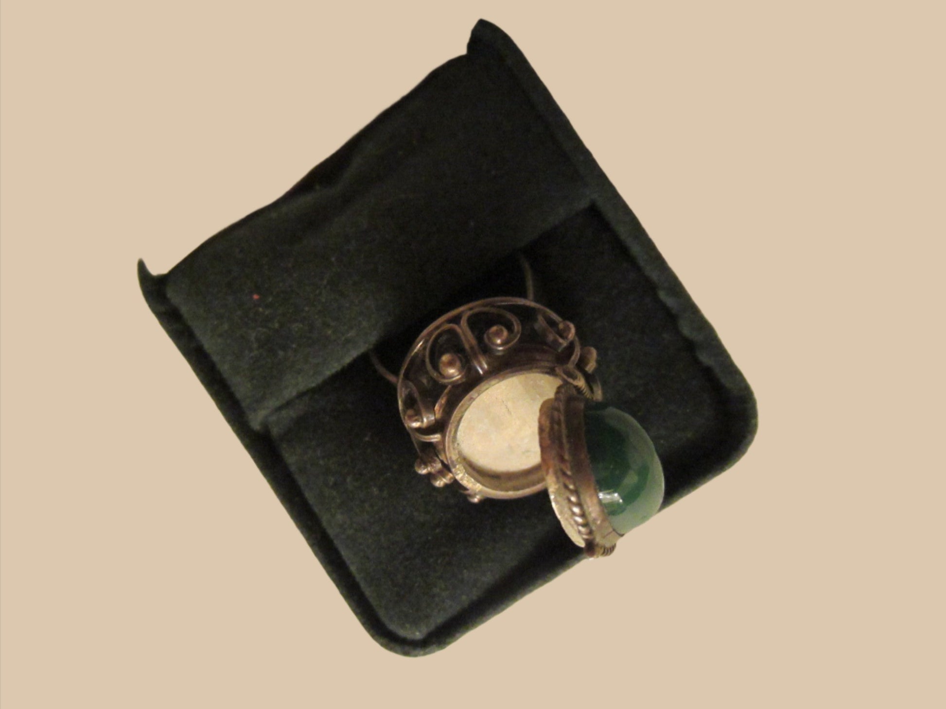 Green Jade Cocktail Ring Marked J E Sterling Adjustable - Designer Unique Finds 