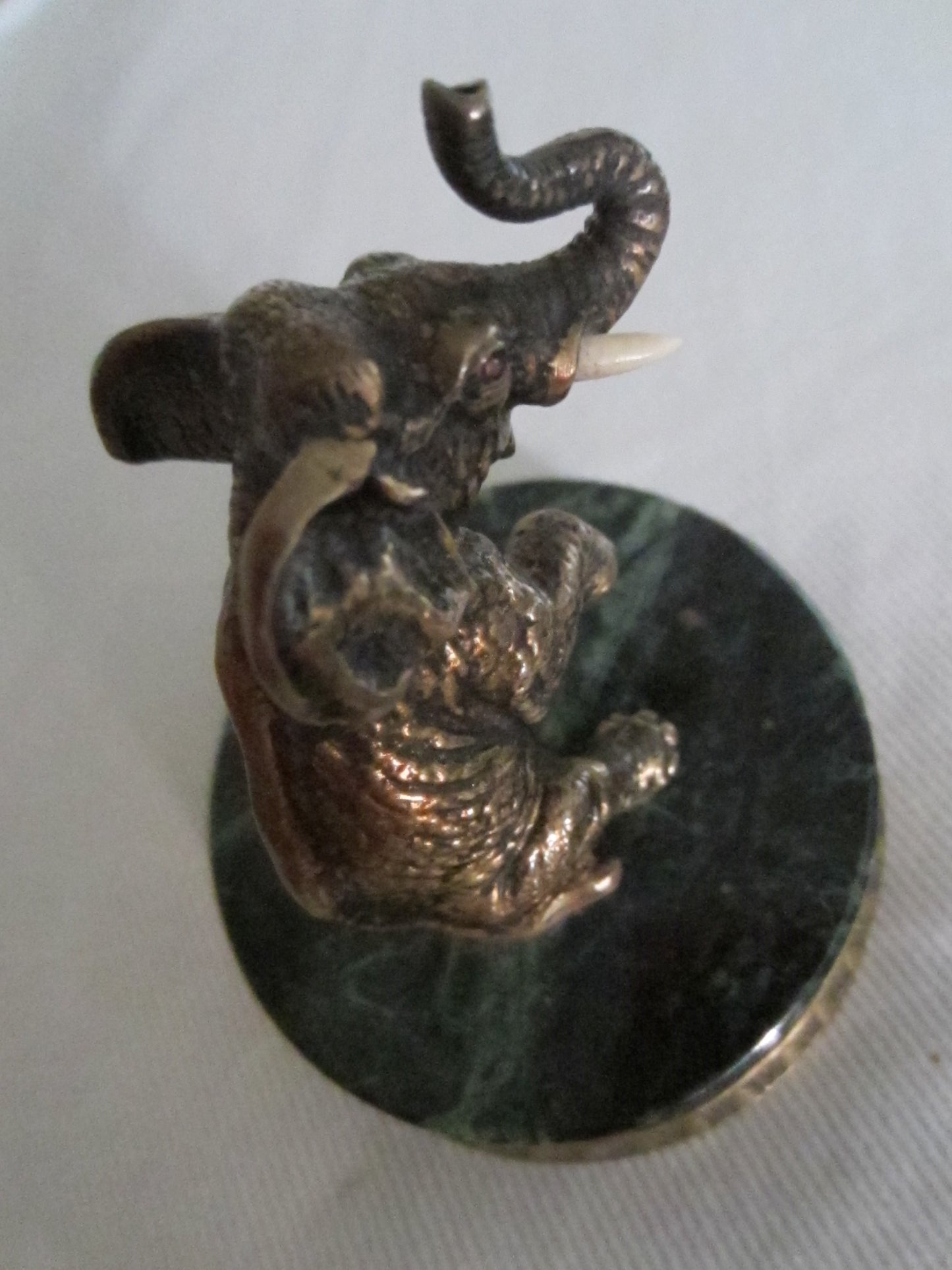 Sterling Gilded Elephant On Green Marble Base Ruby Eyes