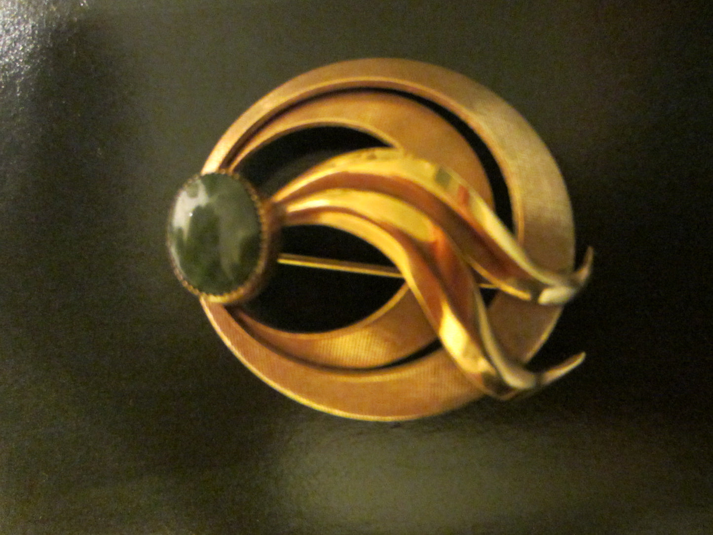 HG Gold Filled Signed Brooch Decorated Green Stone - Designer Unique Finds 
 - 1