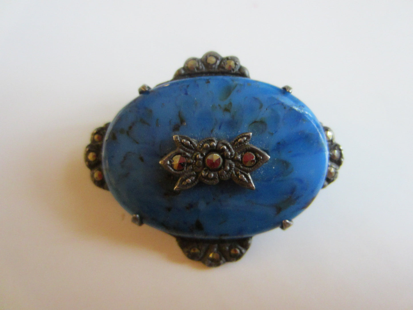 Sterling Brooch Marcasite Blue Lapis Cabochon - Designer Unique Finds 
 - 1