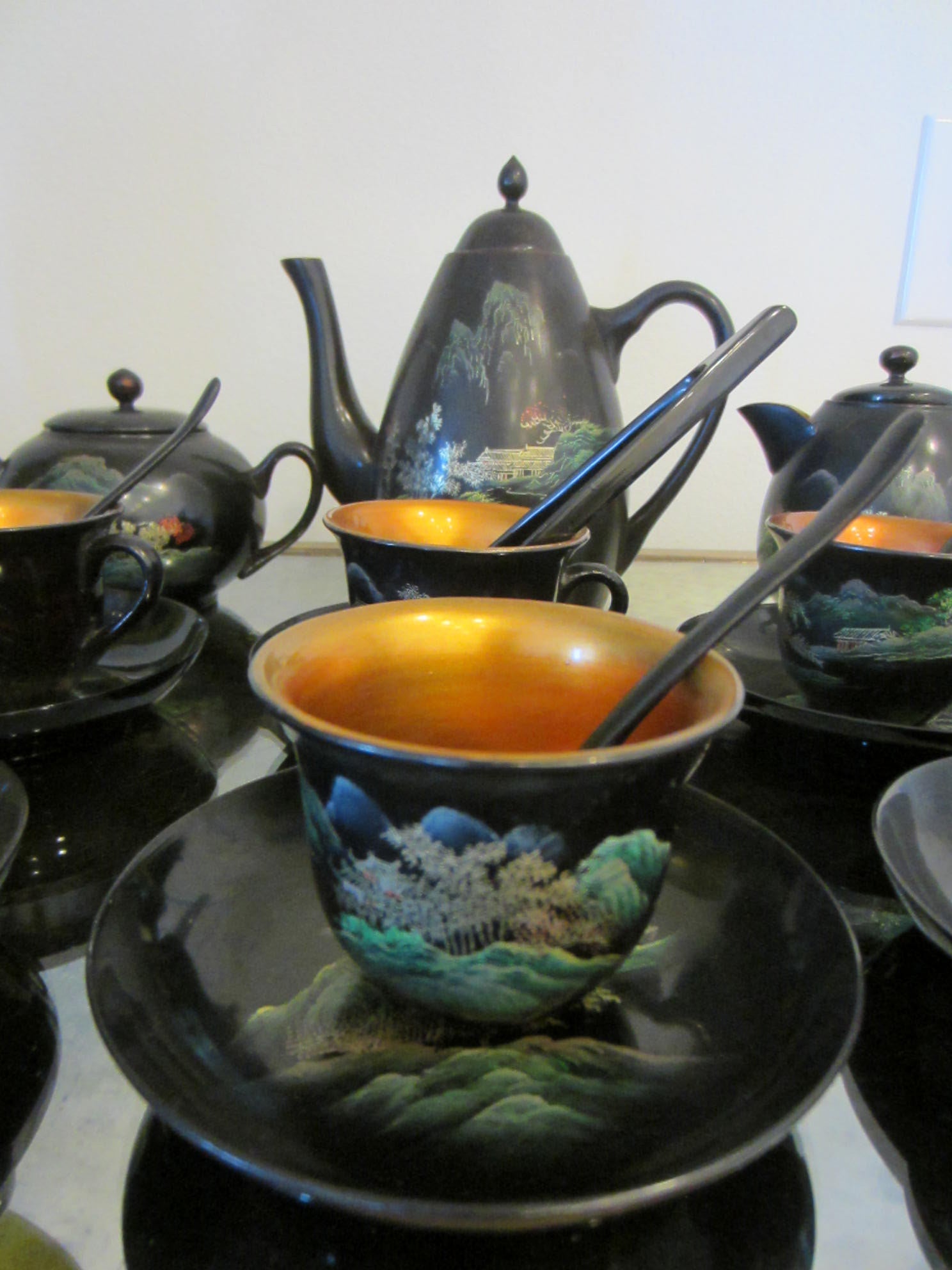 Unique Vintage Black Lacquer Tea Set w/ Peacock and Floral Design Made in online Taiwan