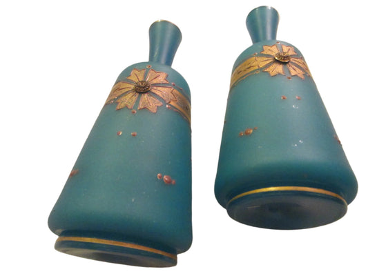 Pair of Victorian Gilt Decorated Blue Mantle Opaline Glass Bottle Shaped Vases - Designer Unique Finds 