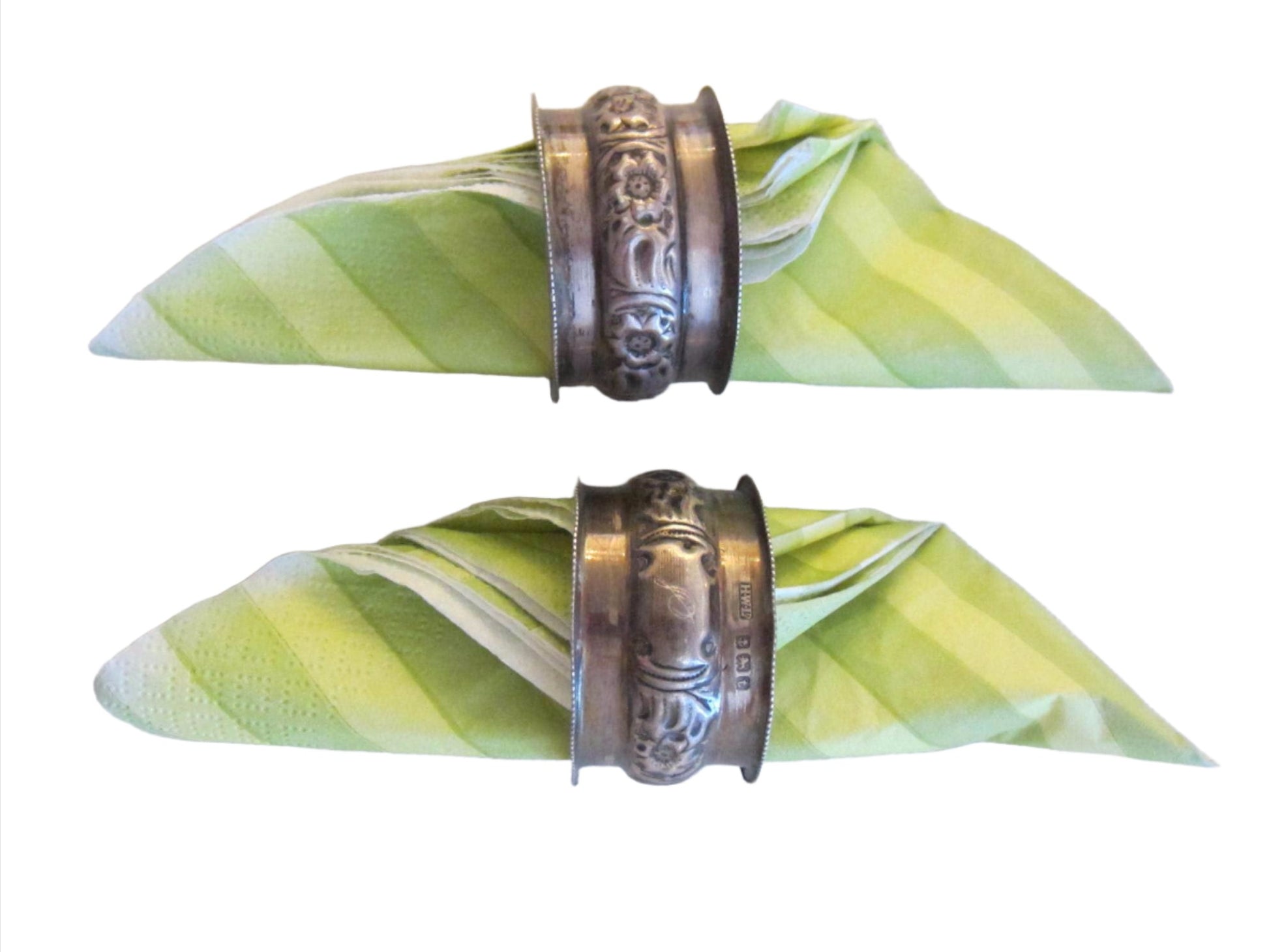 Henry Williamson Sterling England Napkin Rings Monogrammed H W Floral Etchings