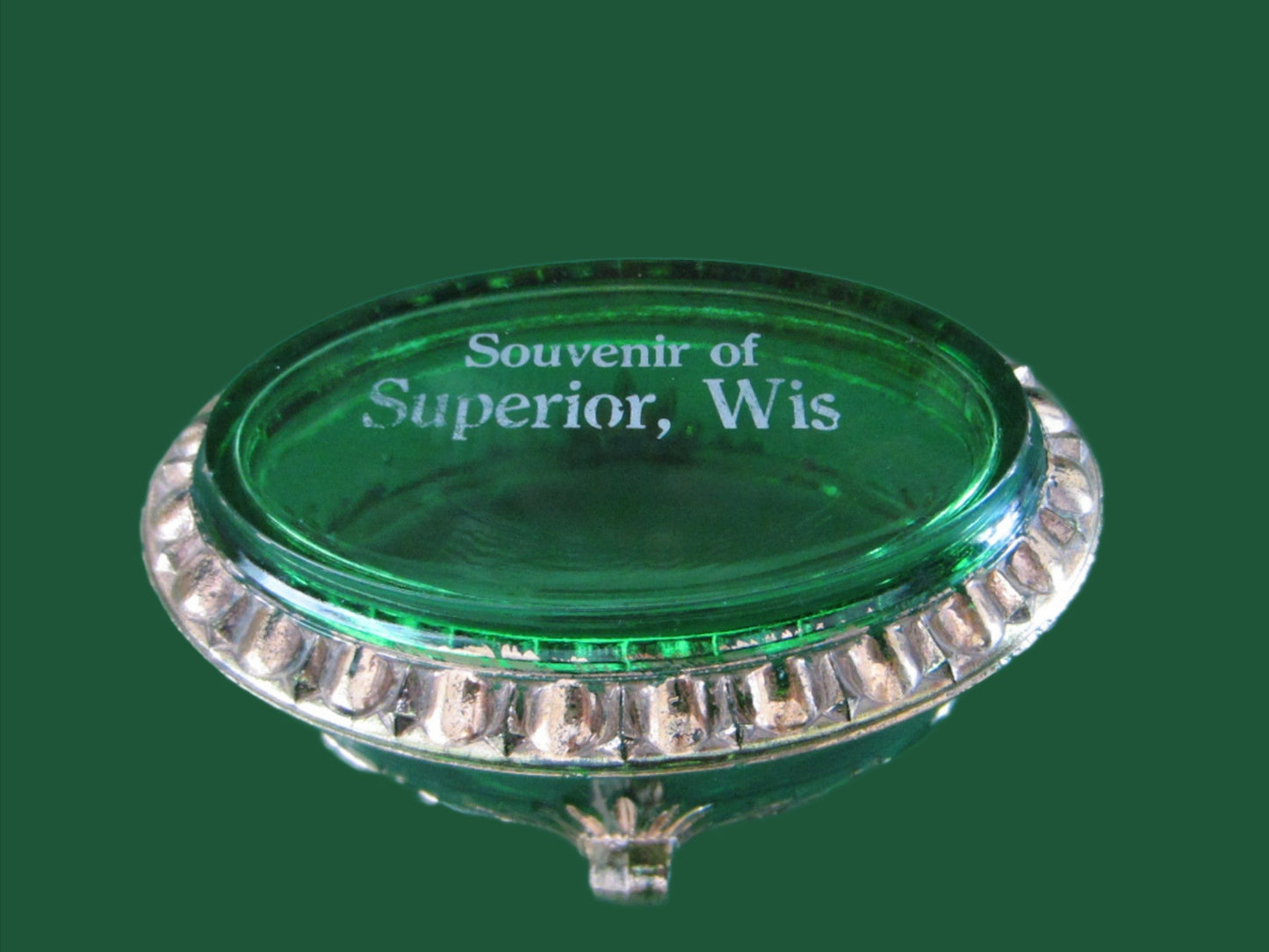 Green Glass Oval Miniature Box by Wis Souvenir of Superior Footed Gilt Decorated - Designer Unique Finds 