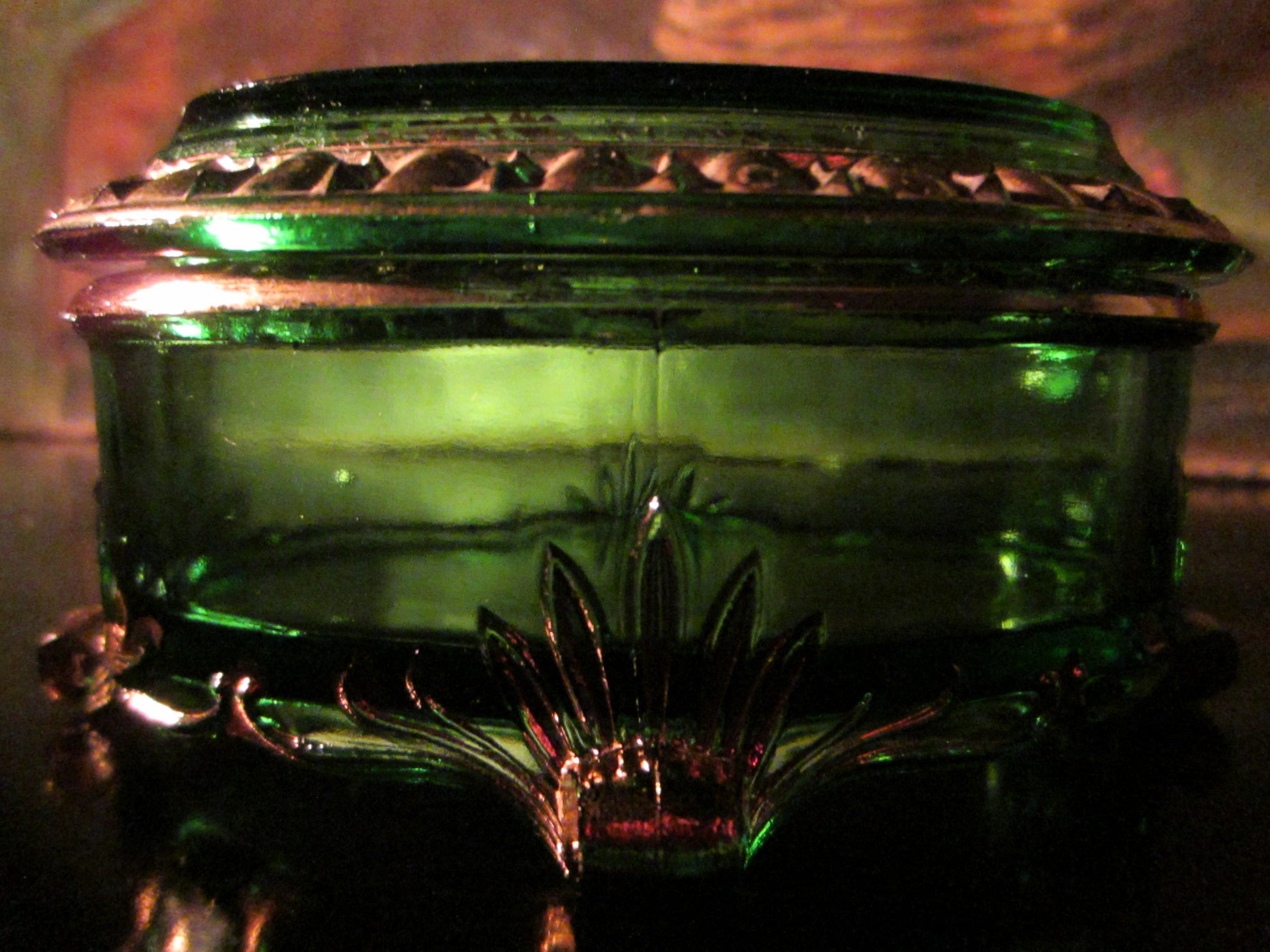 Green Glass Oval Miniature Box by Wis Souvenir of Superior Footed Gilt Decorated - Designer Unique Finds 