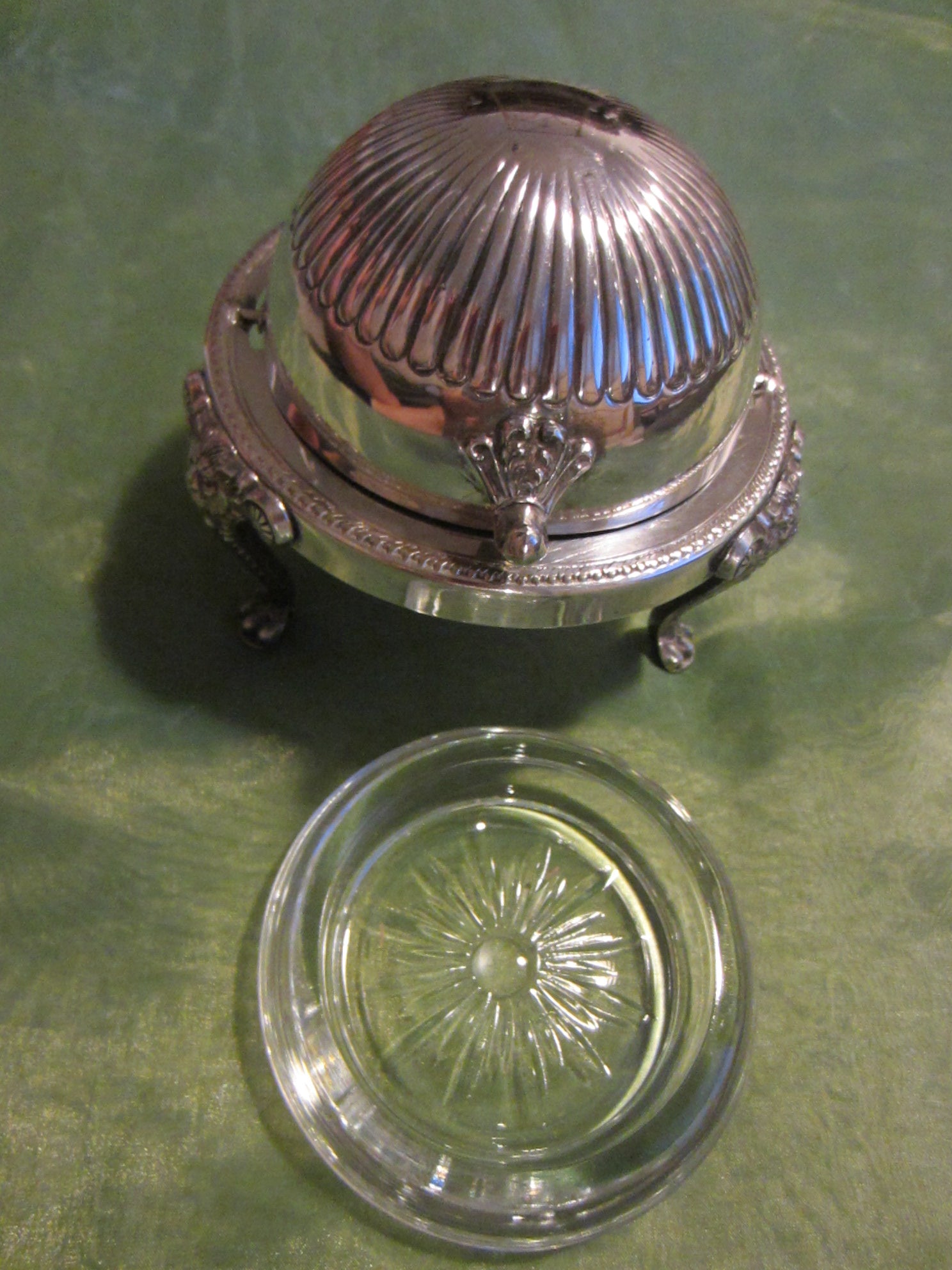 Silver Plated Roll Top Crystal Insert Caviar Server English Paws Lion Medallions - Designer Unique Finds 