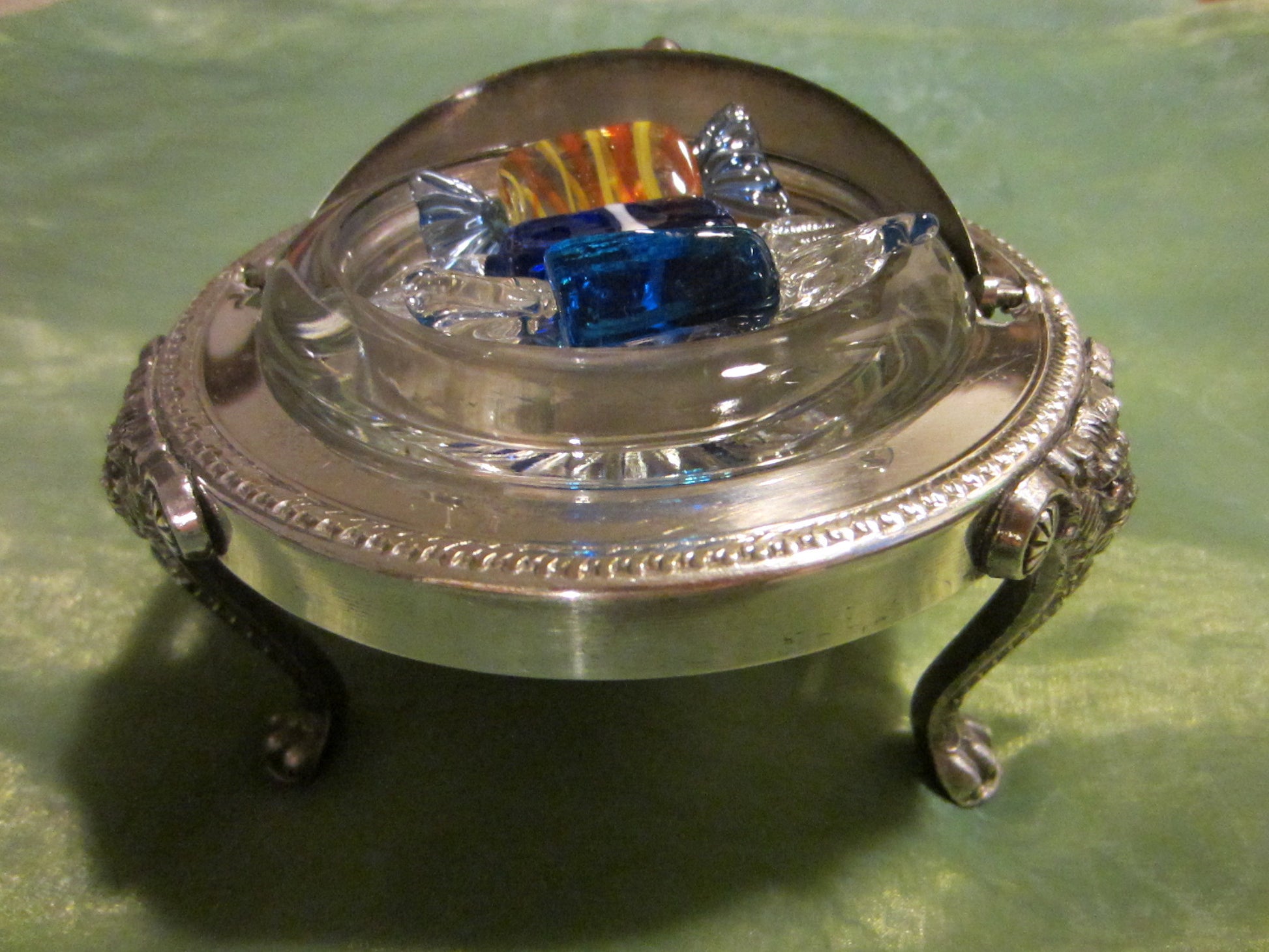 Silver Plated Roll Top Crystal Insert Caviar Server English Paws Lion Medallions - Designer Unique Finds 