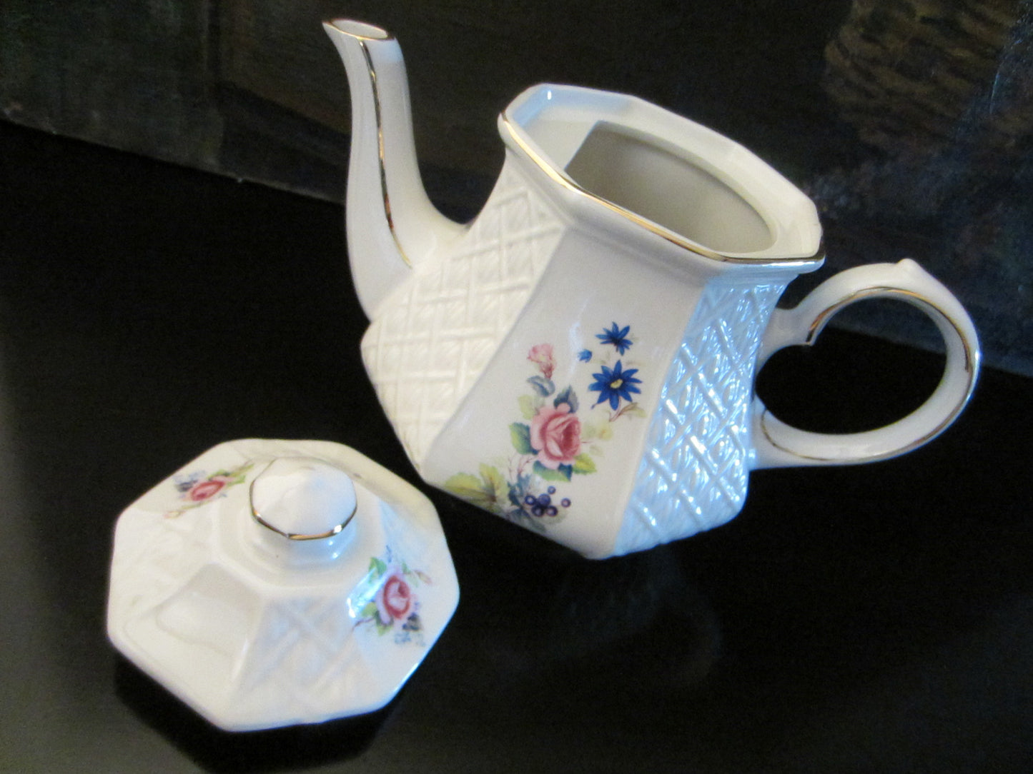 Sadler Windsor England White Porcelain Floral Teapot - Designer Unique Finds 