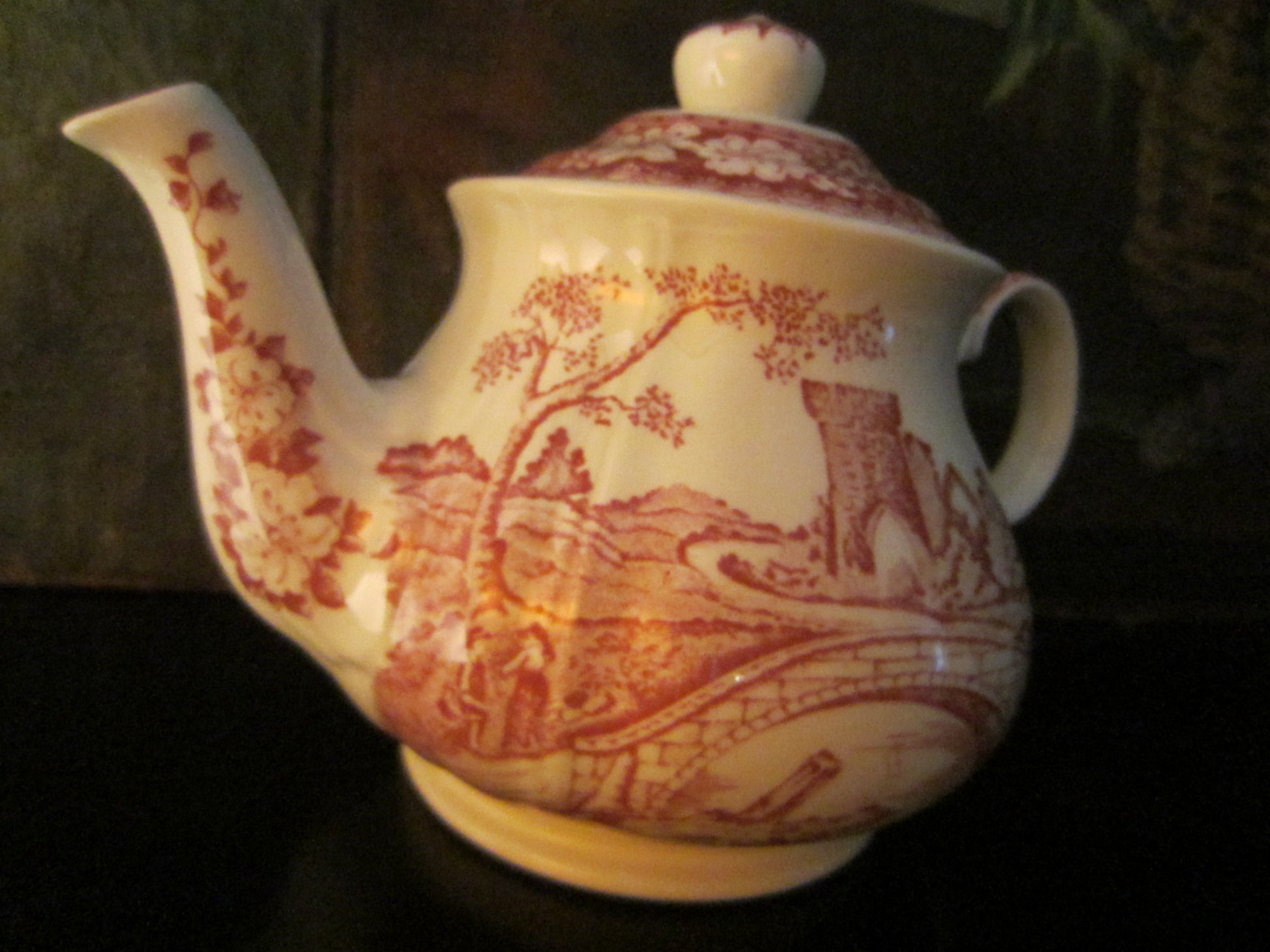 Sadler Windsor England Bisque Teapot Red Countryside Scenery - Designer Unique Finds 